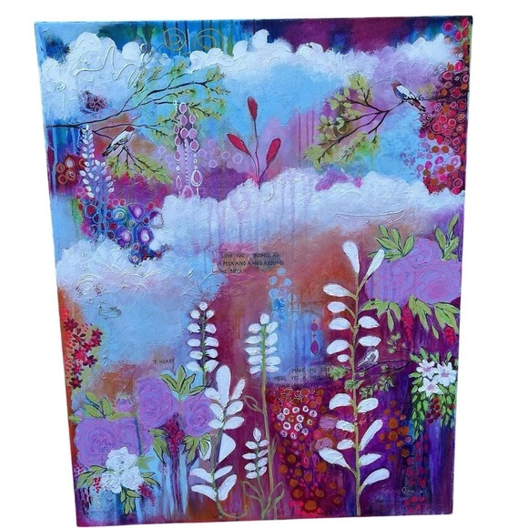 Original Floral clouds Painting Mixed Media Canvas Cottagecore Wall Art 18x24
